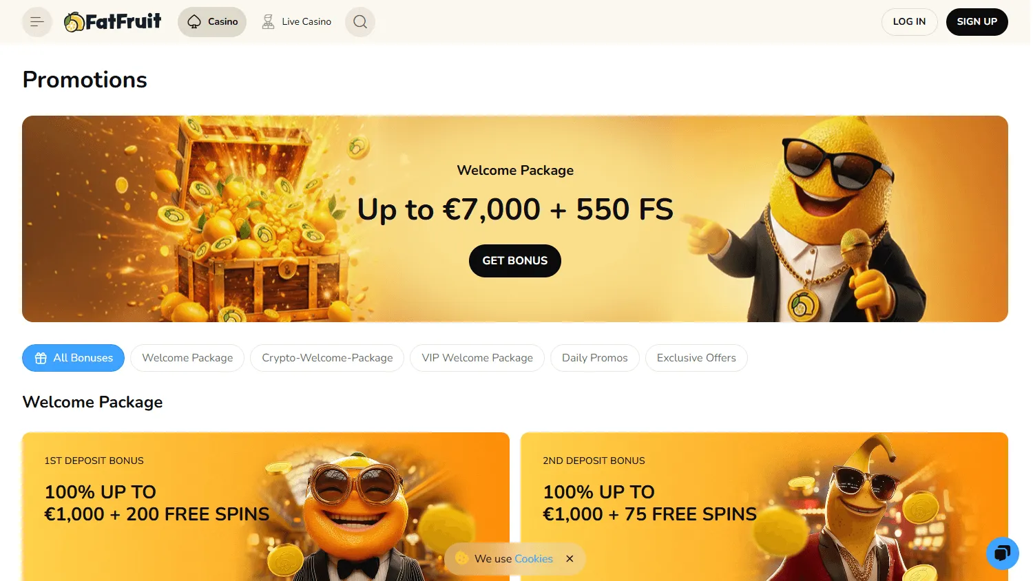 Fatfruit Casino desktop promotions interface with deposit offers and free spins