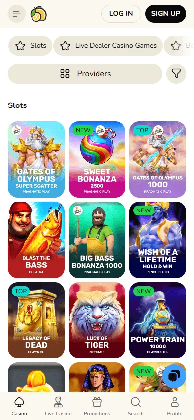 Fatfruit Casino mobile games interface with casino categories