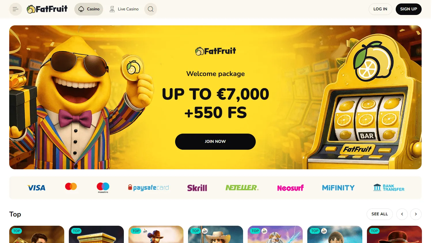 Fatfruit Casino desktop home interface with casino account and offer details