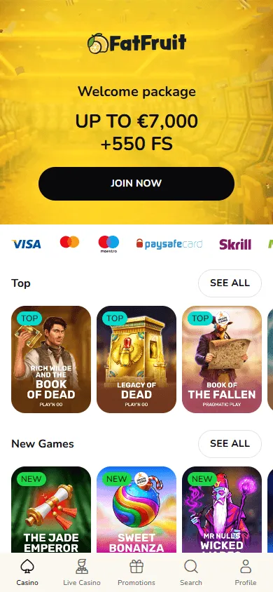 Fatfruit Casino mobile home interface for iOS and Android players