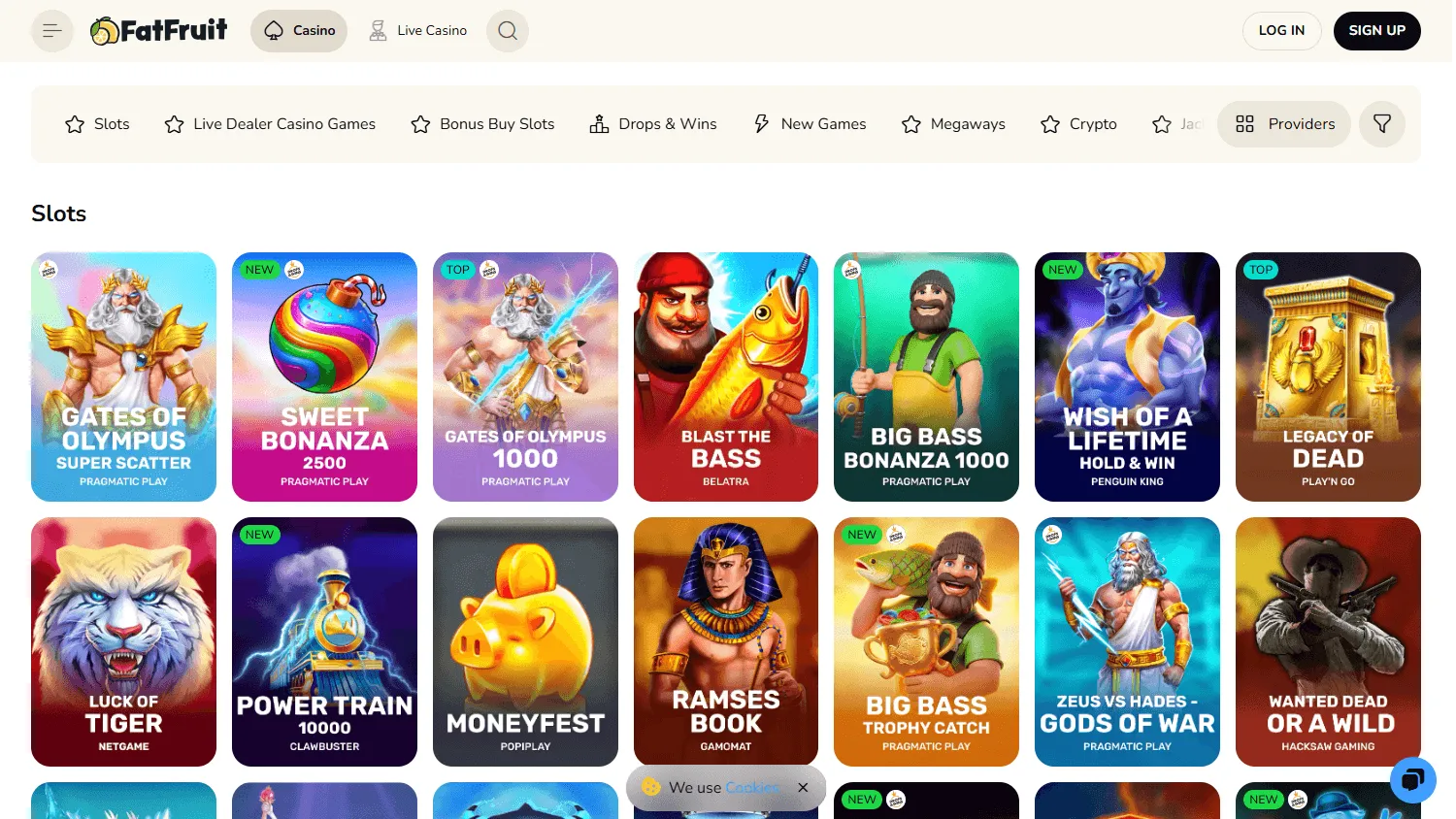 Fatfruit Casino desktop games interface with casino categories and titles